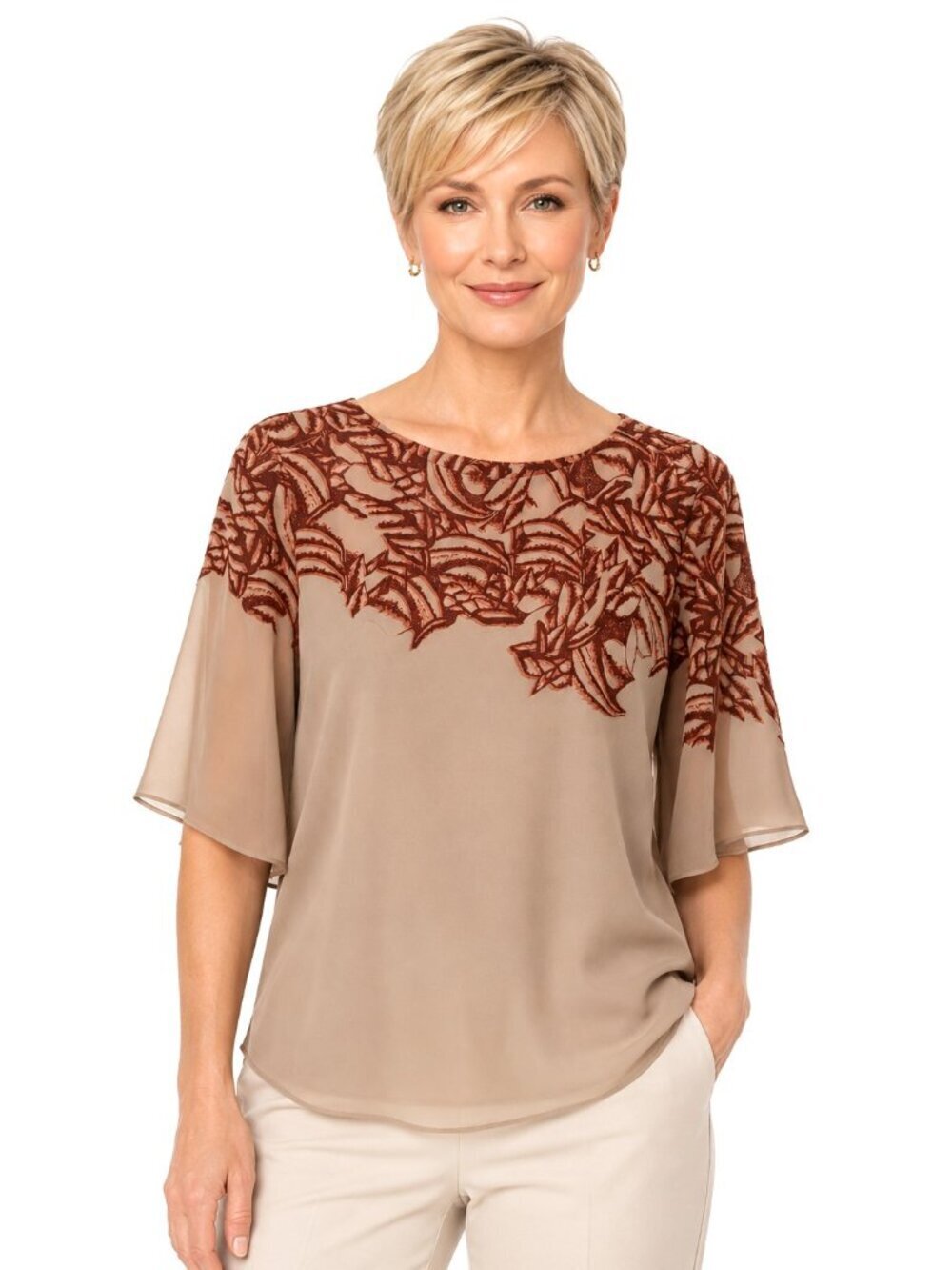 Classiques Entier Beige Floral Silk Fan Sleeve Top